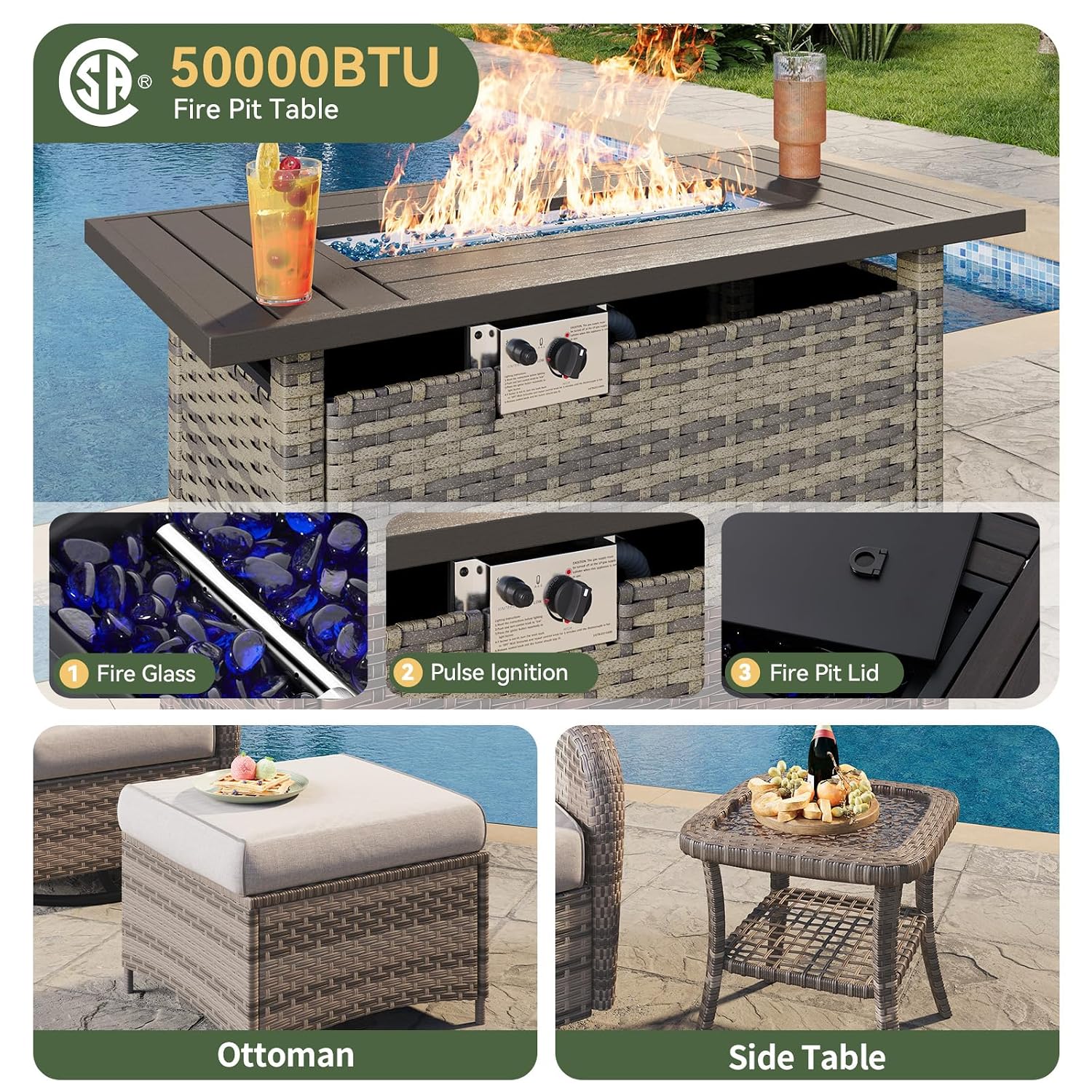 Set da Patio in Vimini a 7 Pez - Outdoor Furniture With Fire Pit recensione e prezzo